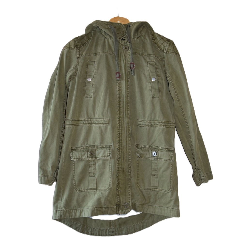 Utility Parka Jacket Womens Olive Green Excellent Quilted Shoulder Hooded Coat